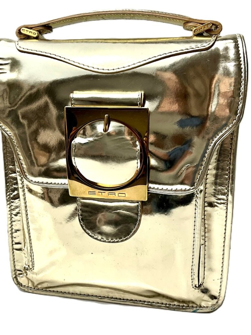 Vintage ETRO Milano Gold Metallic Leather Bag Statement Buckle Flap Italy